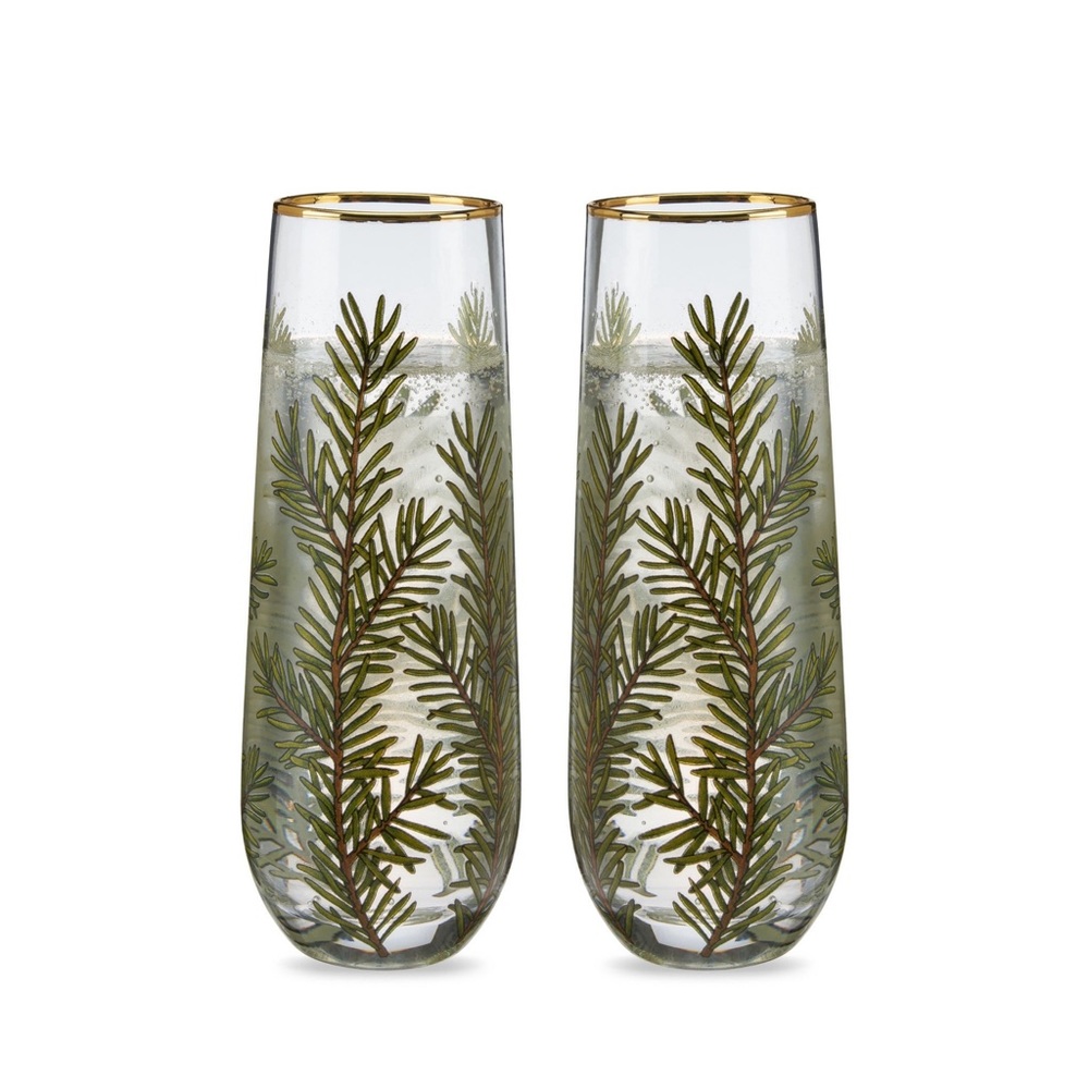 Woodland Stemless Flute Set- Evergreen Christmas Pine
